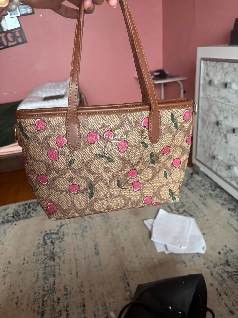 Coach Signature Canvas Tote with Pink Cherry Print and Brown Trim